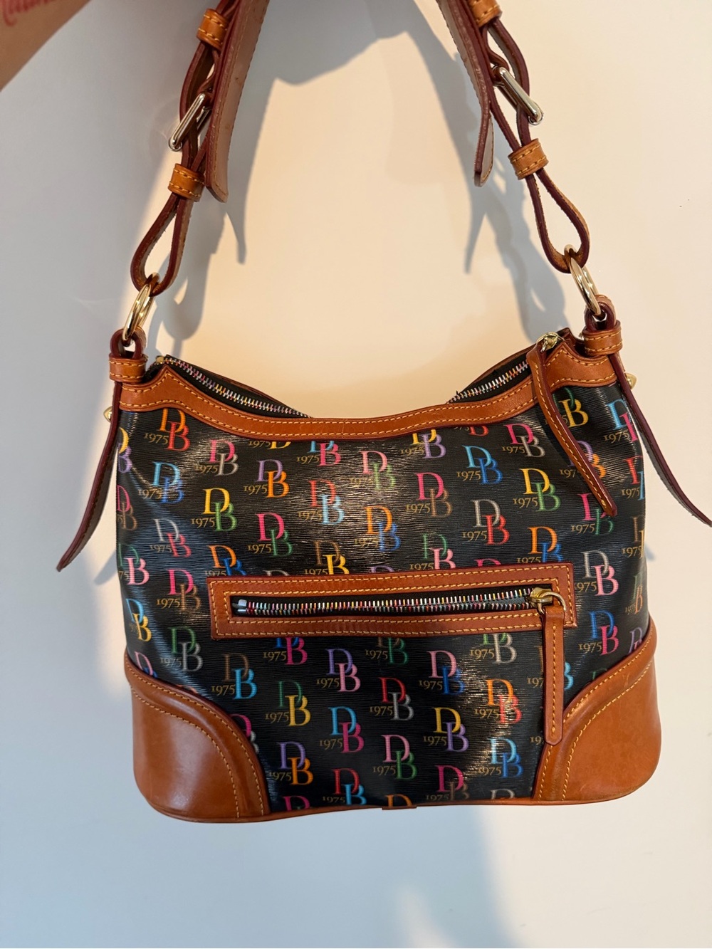 Y2K vintage Dooney & Bourke Multicolor DB Logo Shoulder Bag with Tan Trim